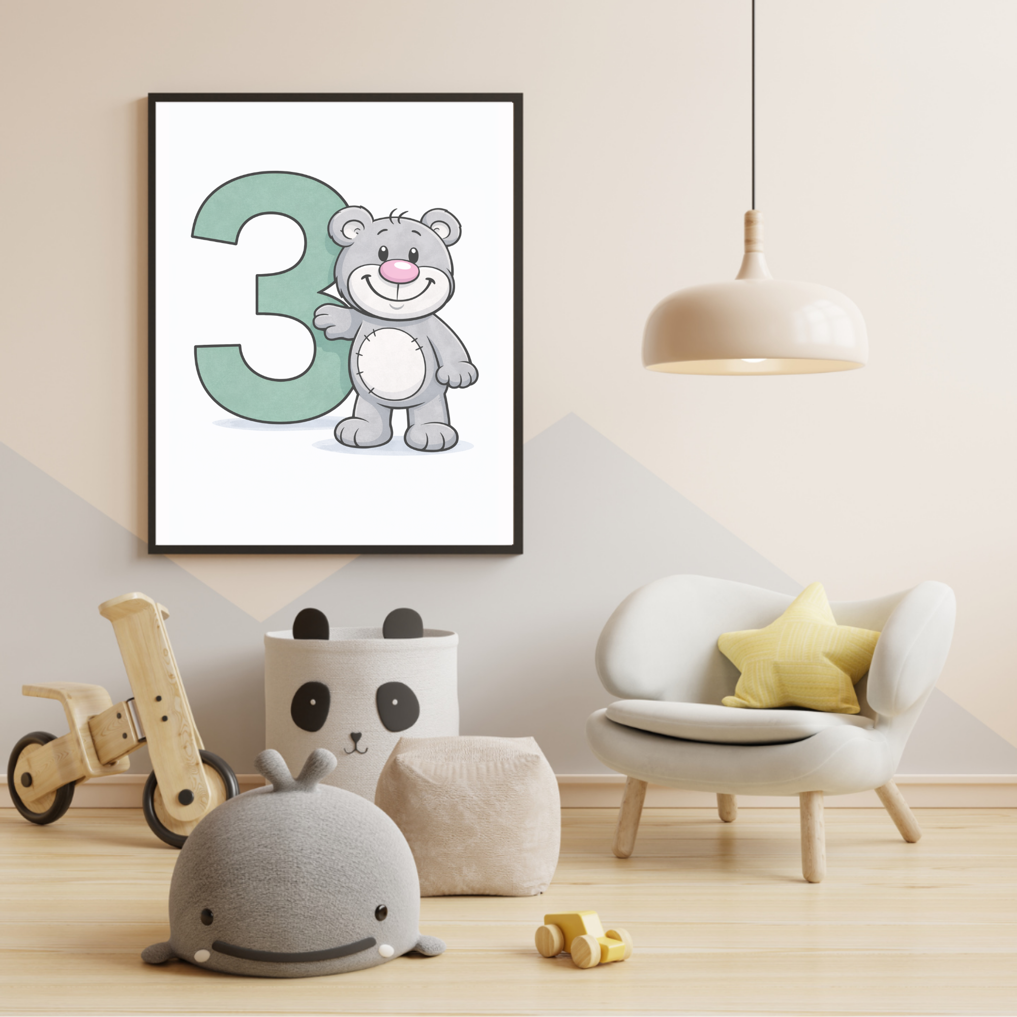 Learn number 3 poster for kids – Printable minibear learning decor