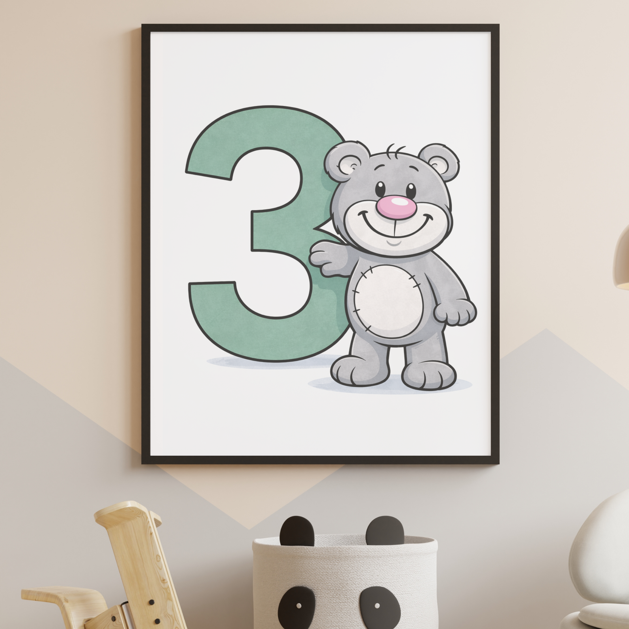 Learn number 3 poster for kids – Printable minibear learning decor