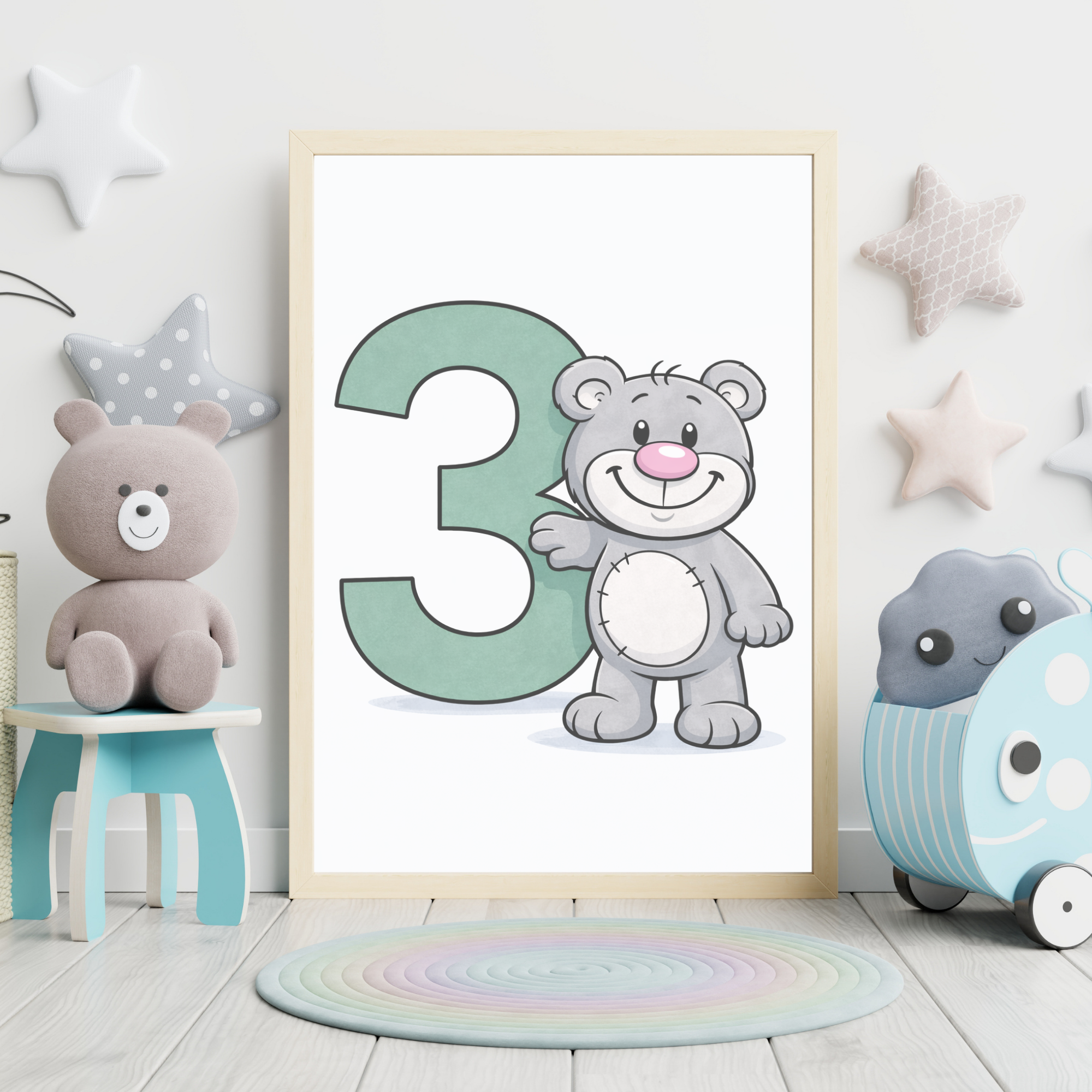 Learn number 3 poster for kids – Printable minibear learning decor
