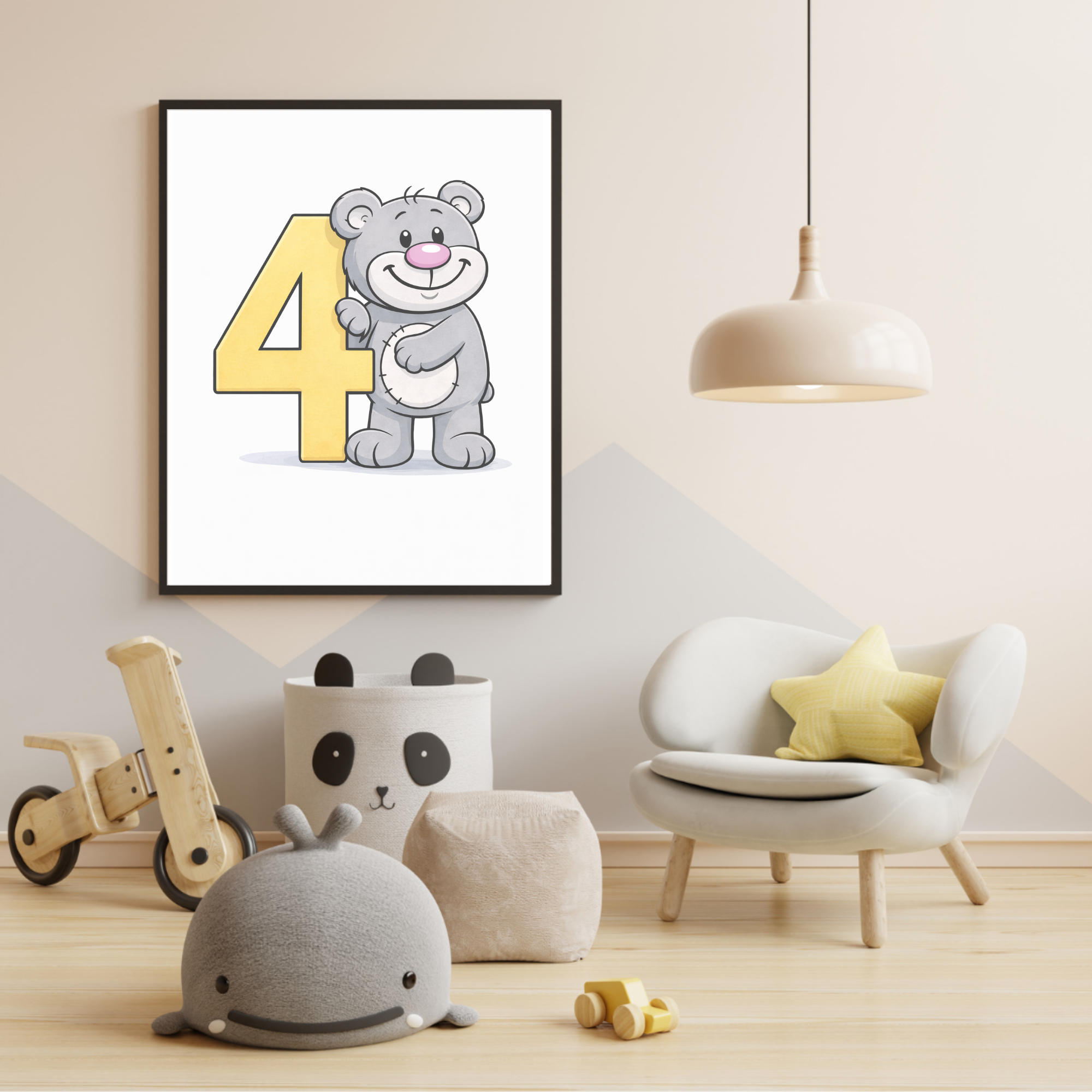 Learn number 4 poster for kids – minibear printable nursery decor