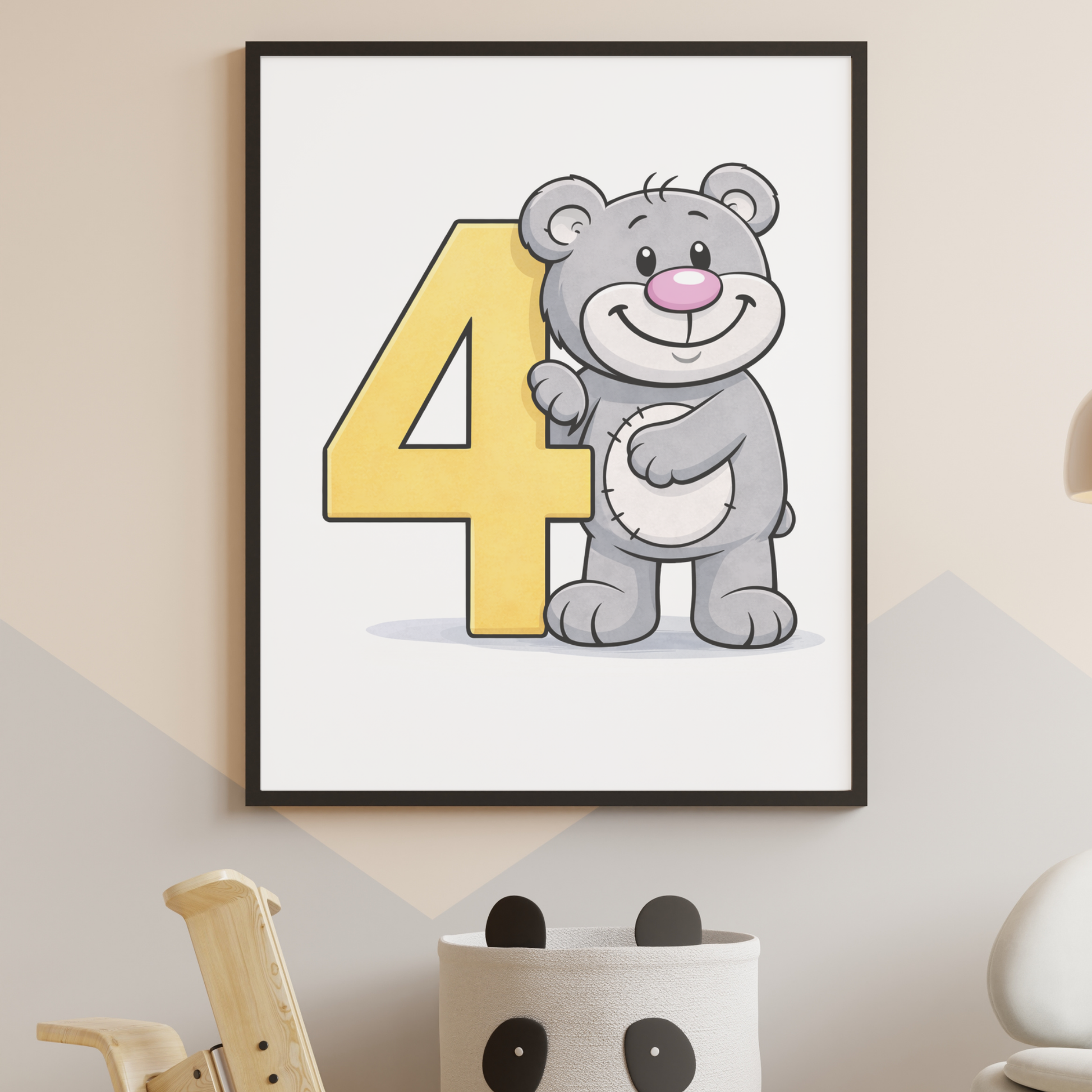 Learn number 4 poster for kids – minibear printable nursery decor