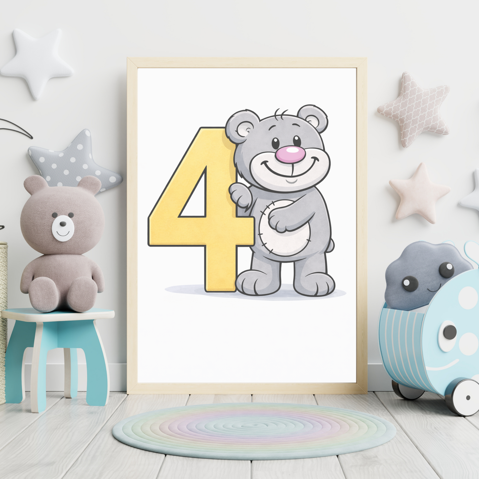 Learn number 4 poster for kids – minibear printable nursery decor