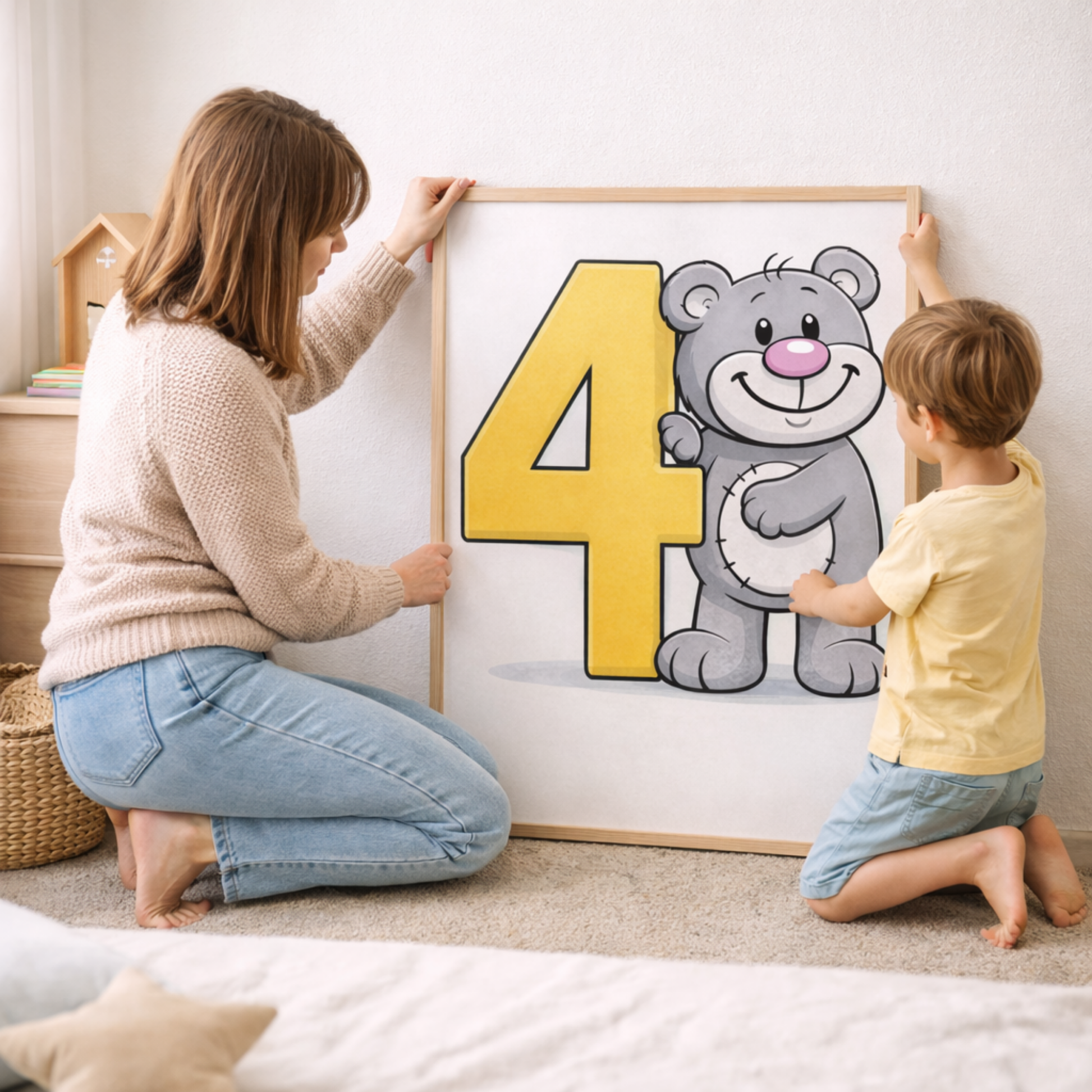 Learn number 4 poster for kids – minibear printable nursery decor