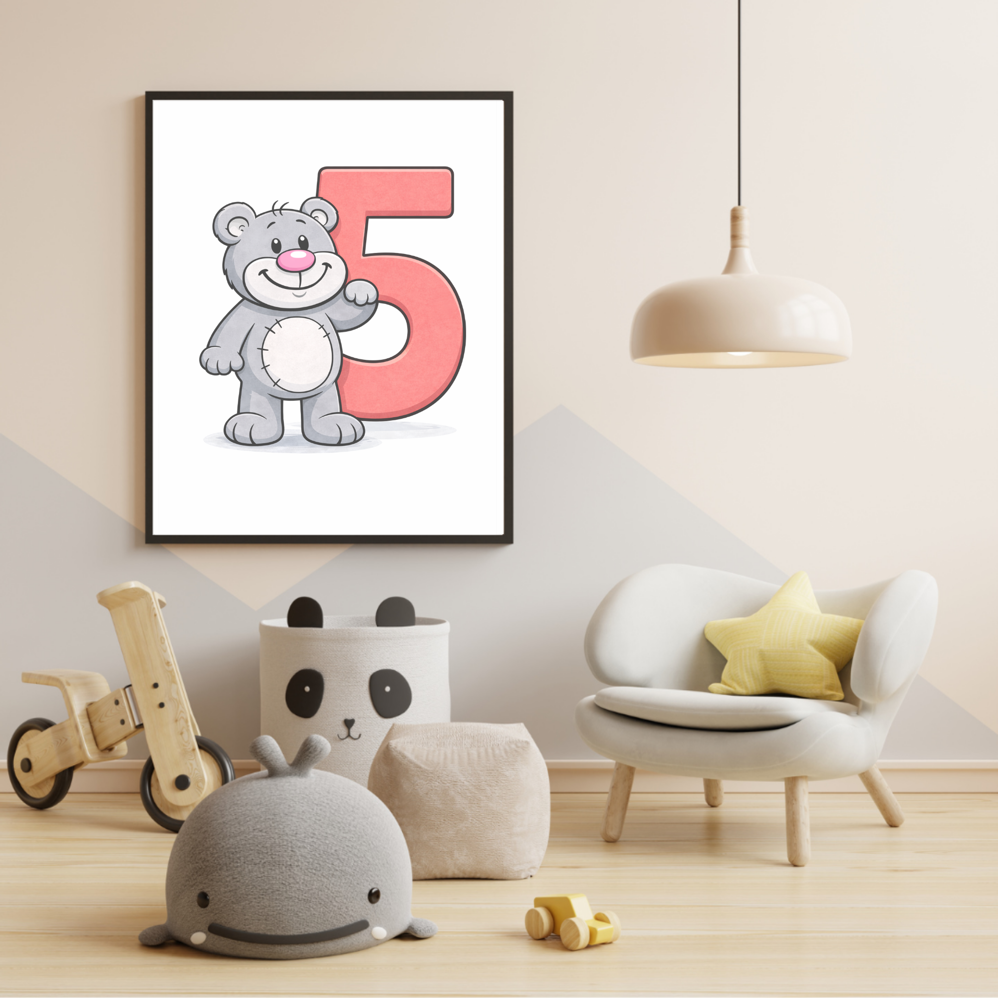 Cute number 5 poster for kids – minibear printable wall art