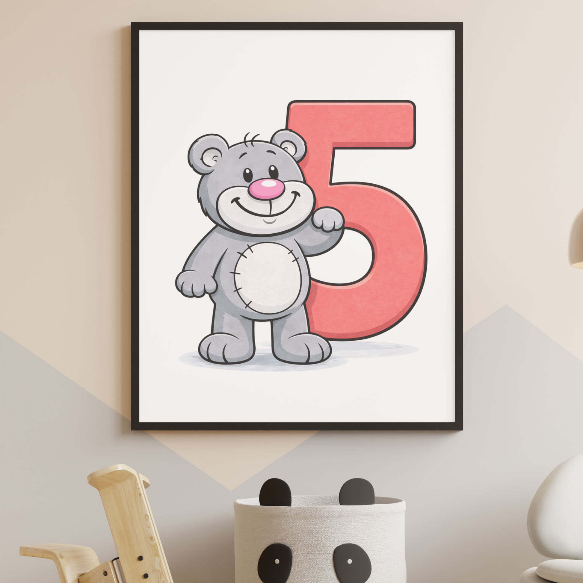 Cute number 5 poster for kids – minibear printable wall art