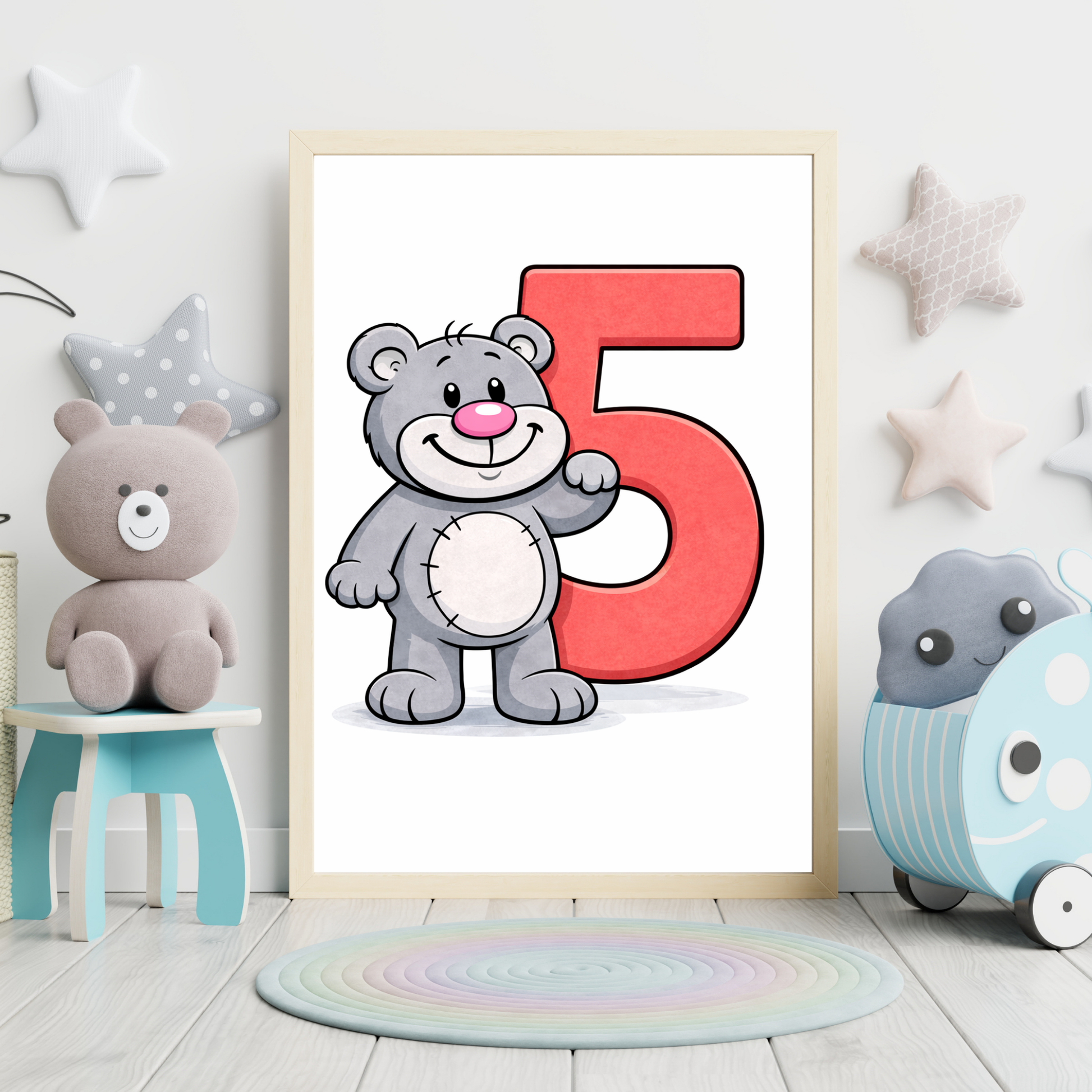 Cute number 5 poster for kids – minibear printable wall art
