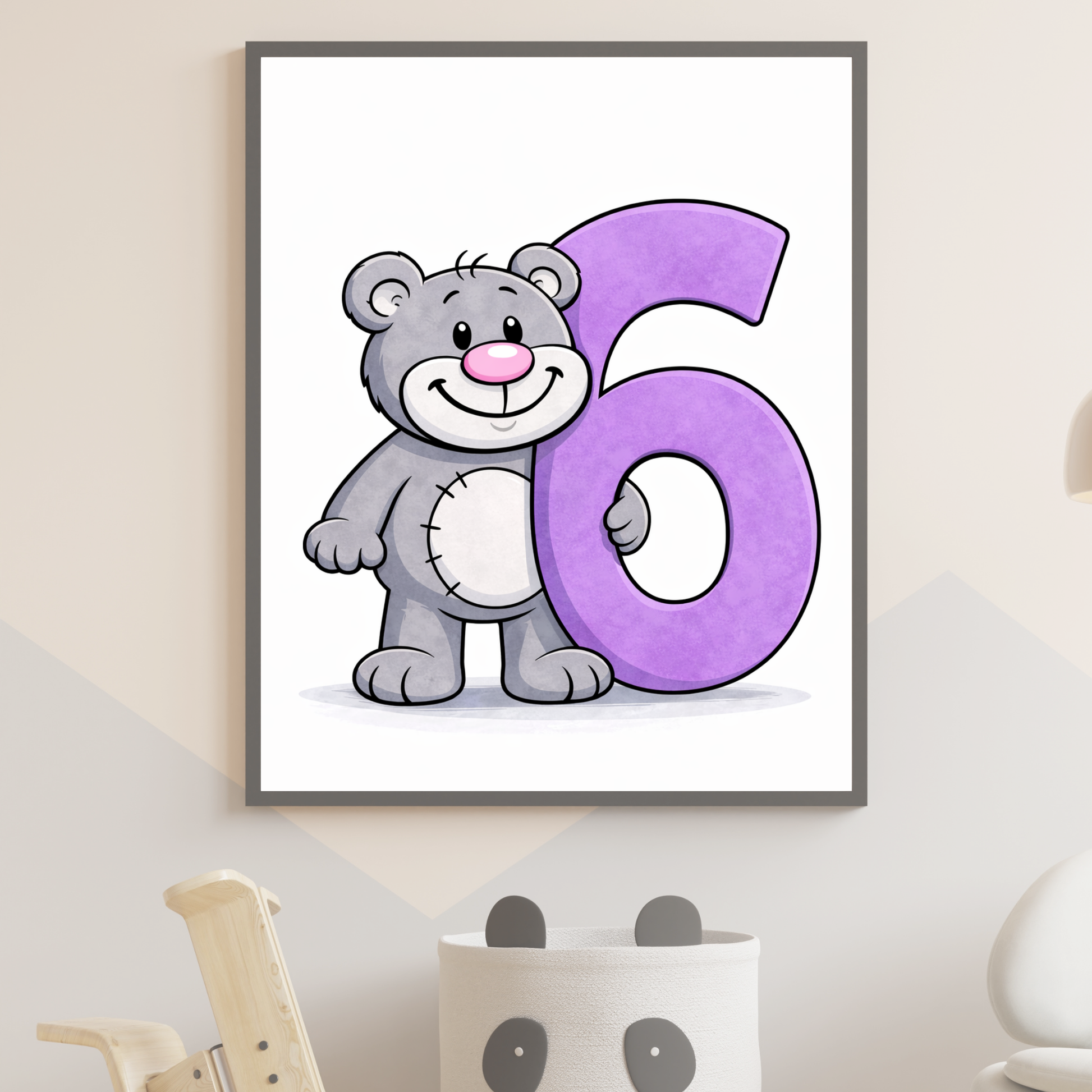 Fun number 6 poster for kids – printable minibear learning decor