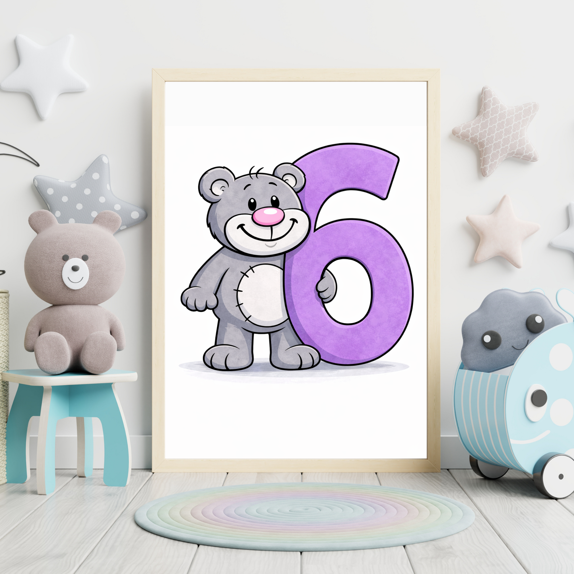 Fun number 6 poster for kids – printable minibear learning decor