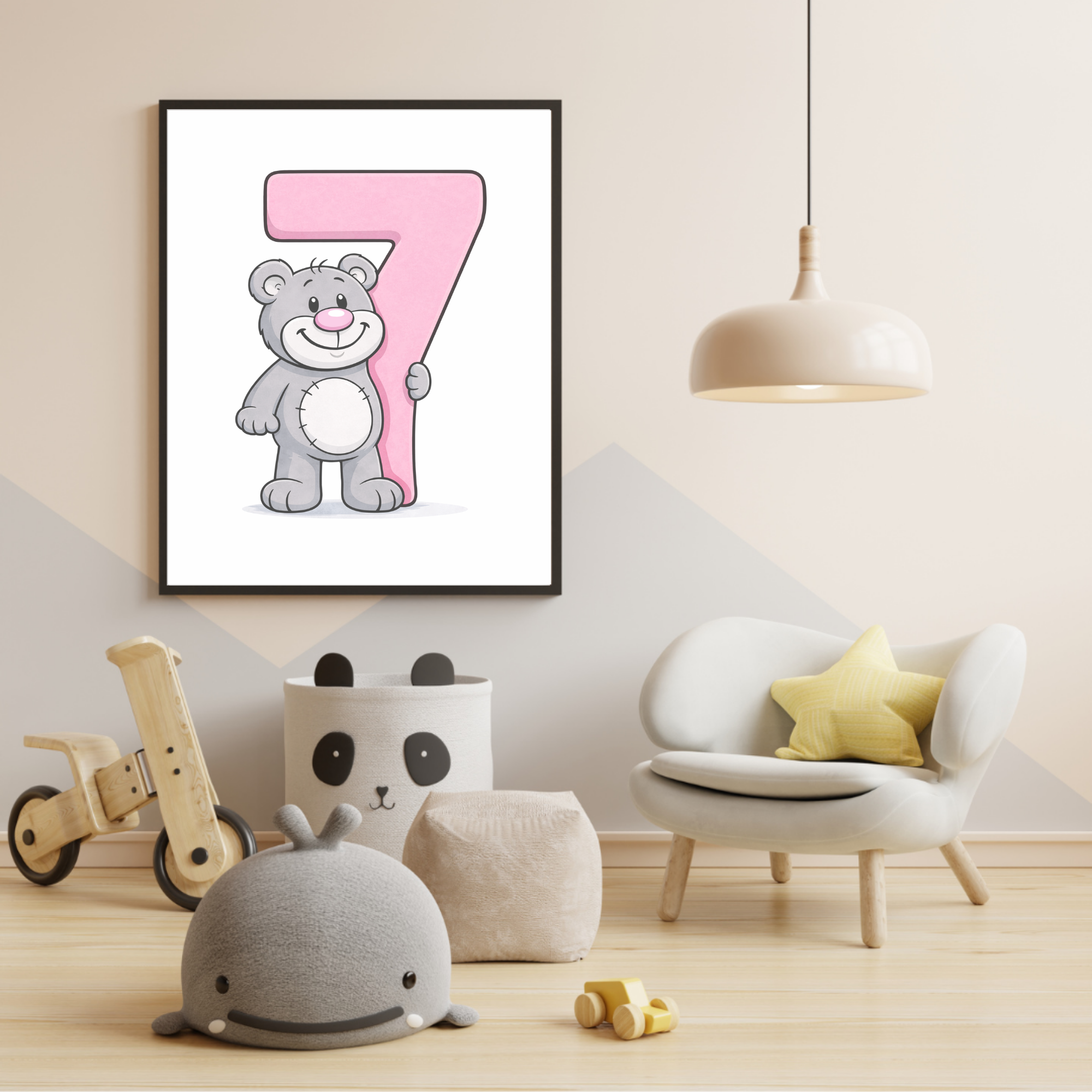 Learning number 7 poster for kids – minibear printable nursery decor