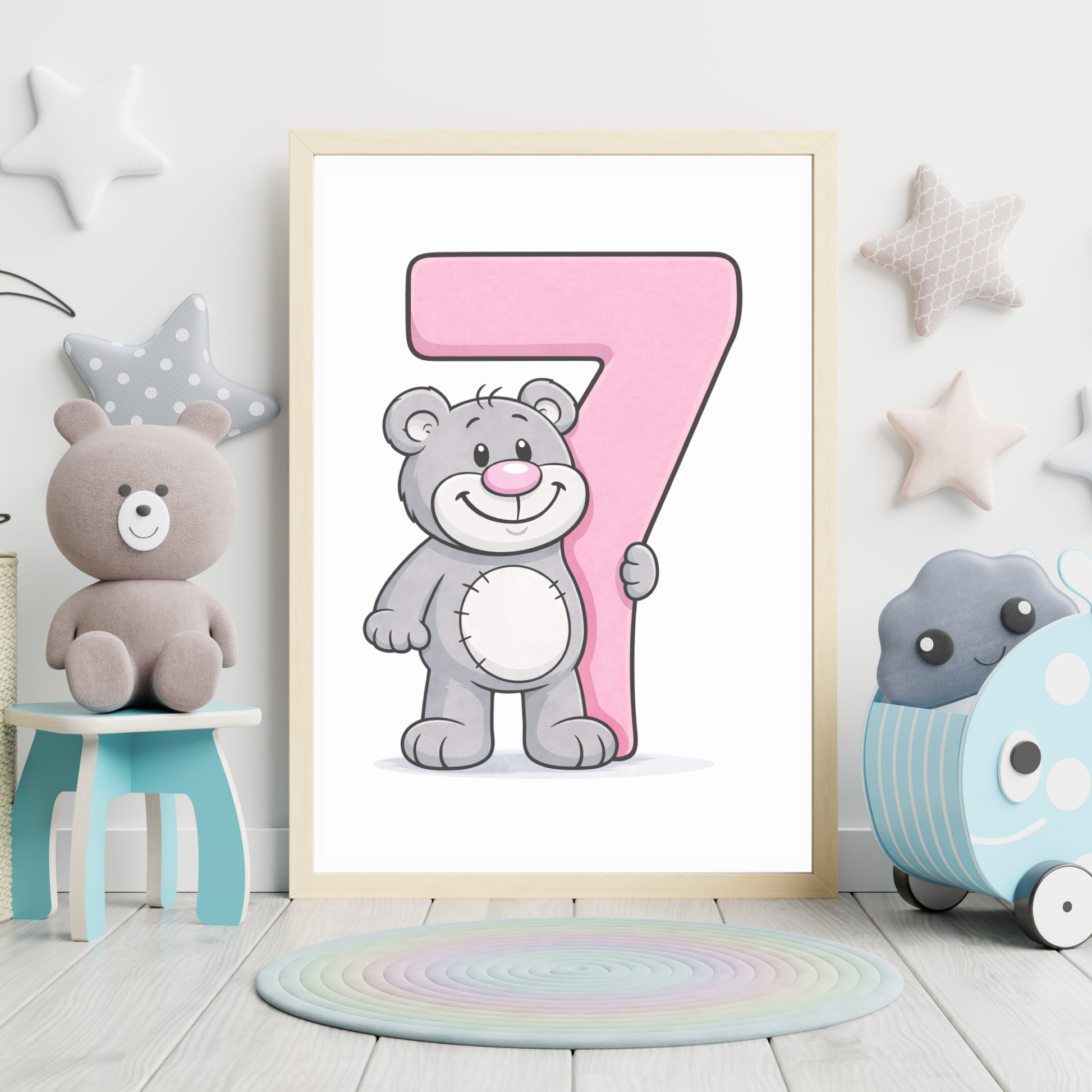Learning number 7 poster for kids – minibear printable nursery decor