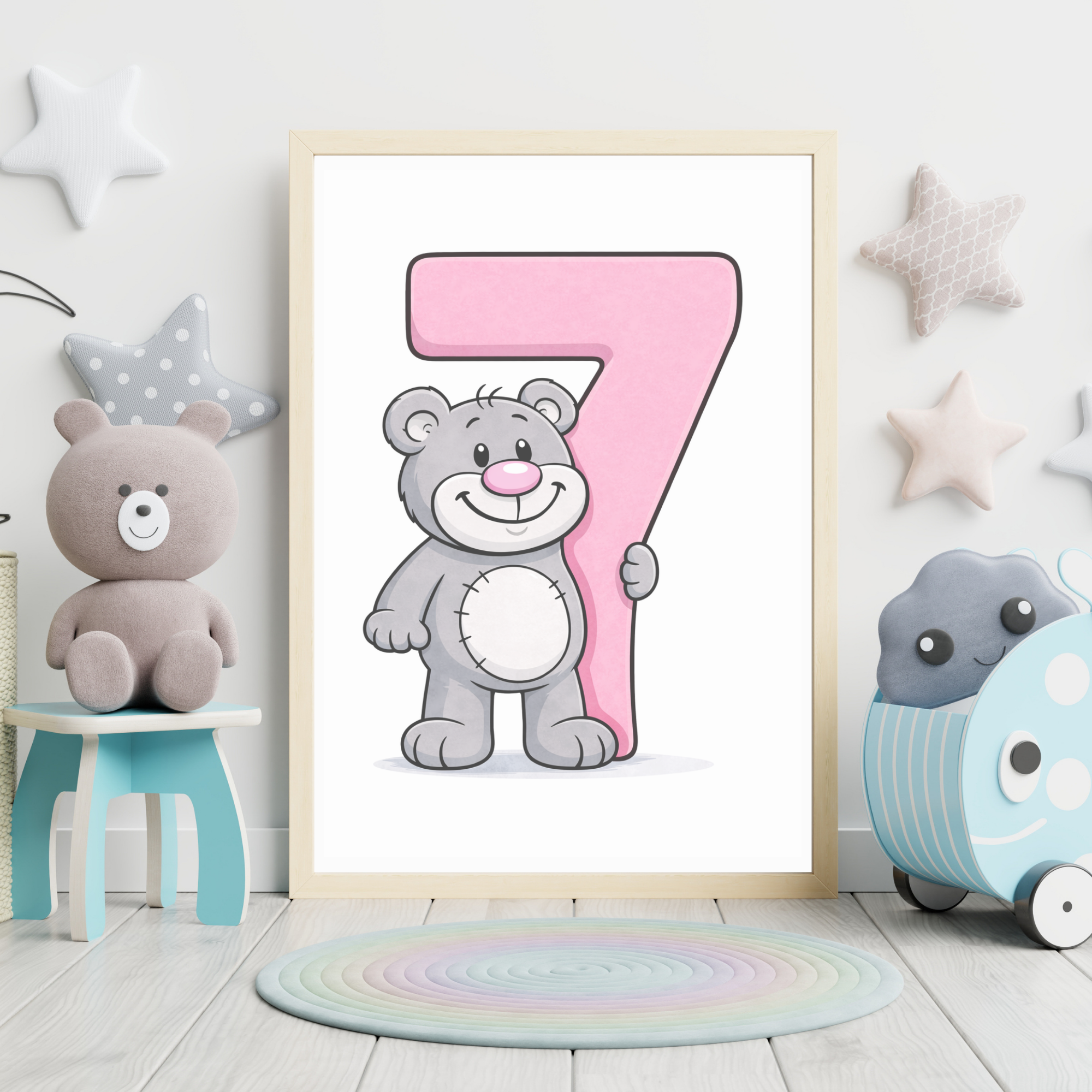 Learning number 7 poster for kids – minibear printable nursery decor
