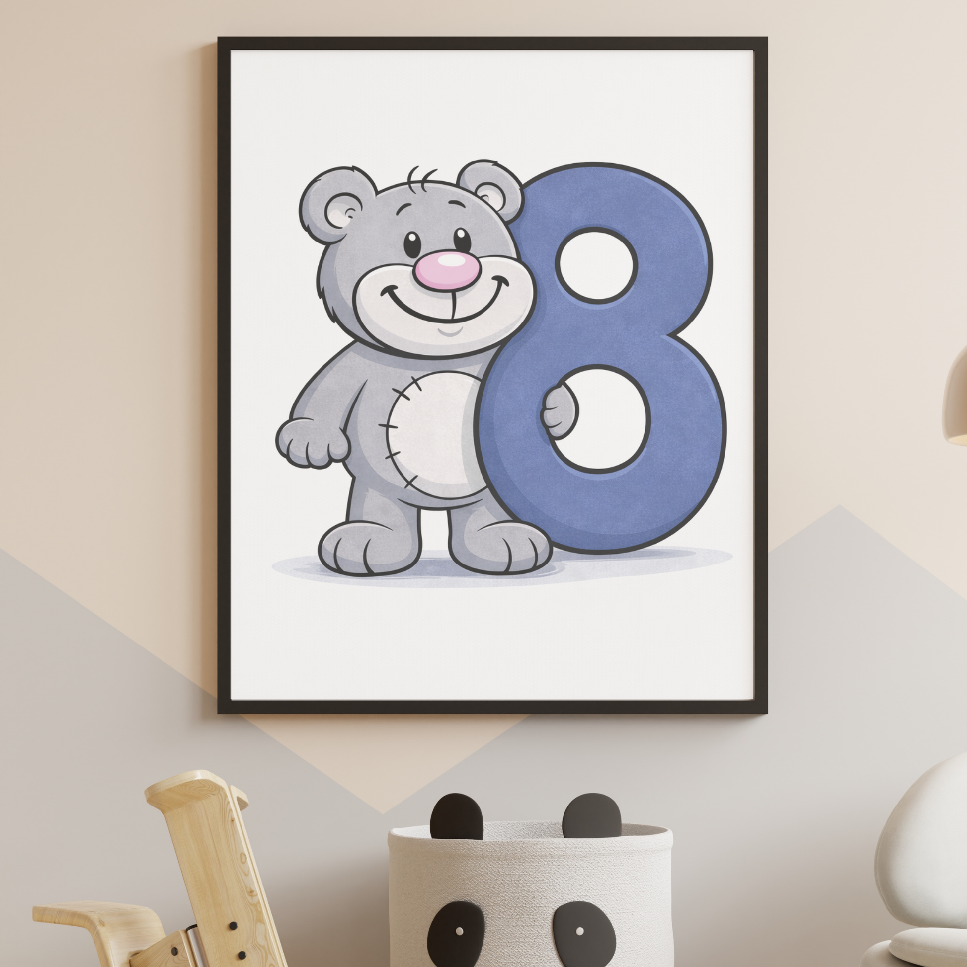 Cute number 8 poster for kids – minibear printable wall art