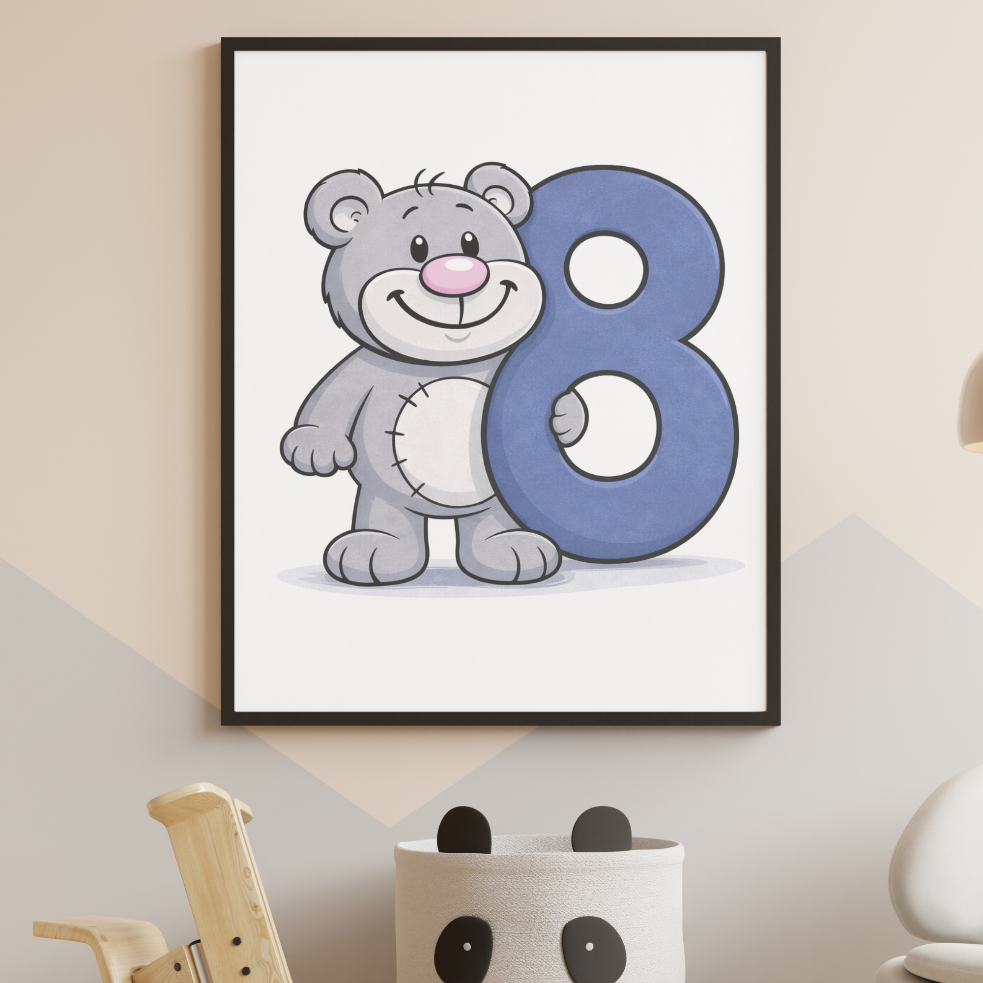 Cute number 8 poster for kids – minibear printable wall art