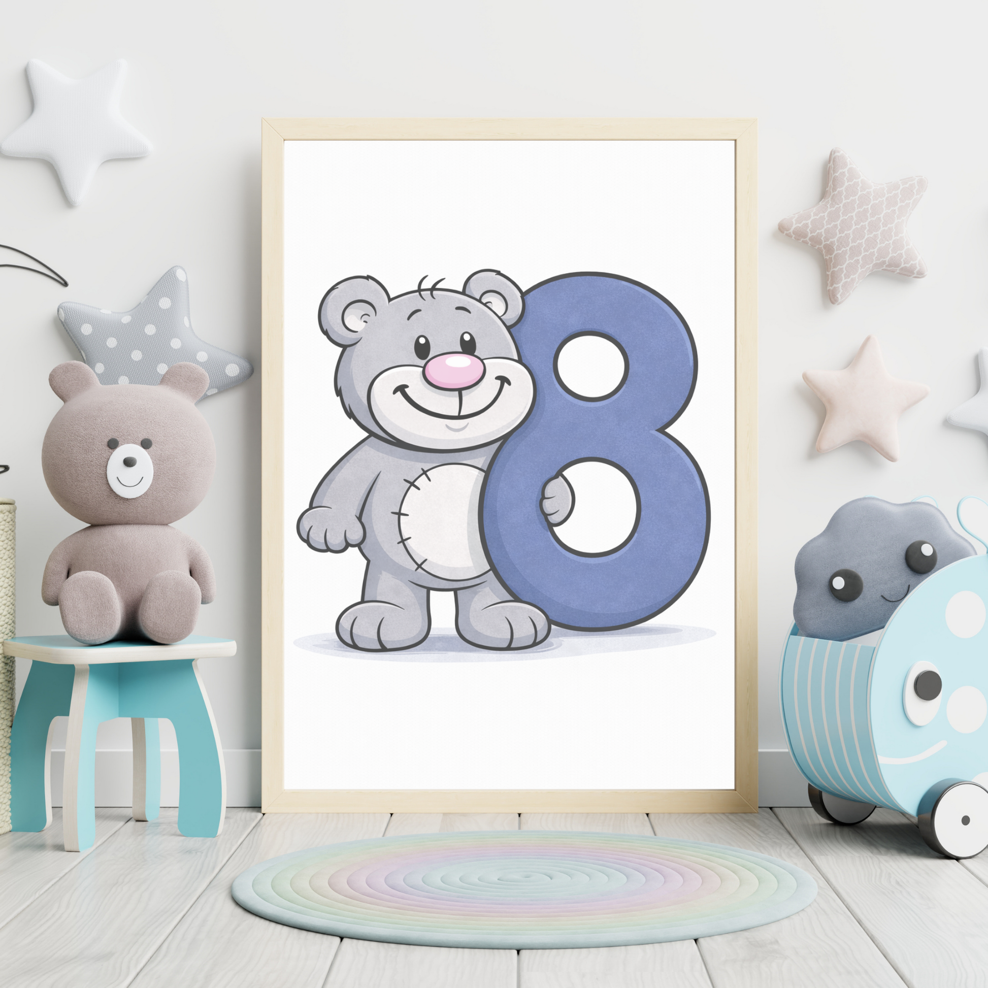 Cute number 8 poster for kids – minibear printable wall art