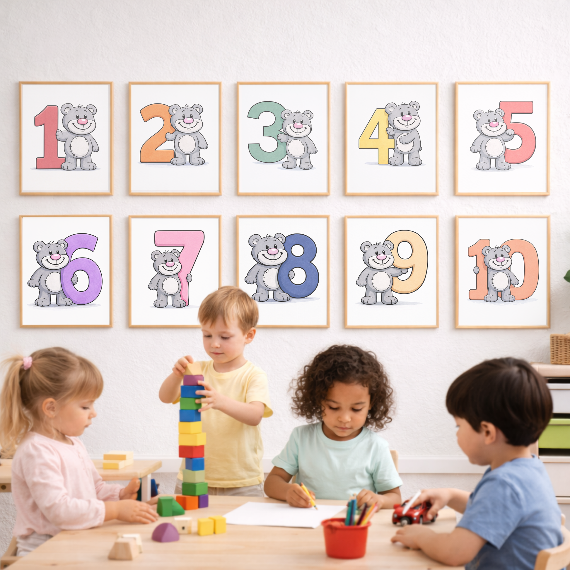Cute number 8 poster for kids – minibear printable wall art