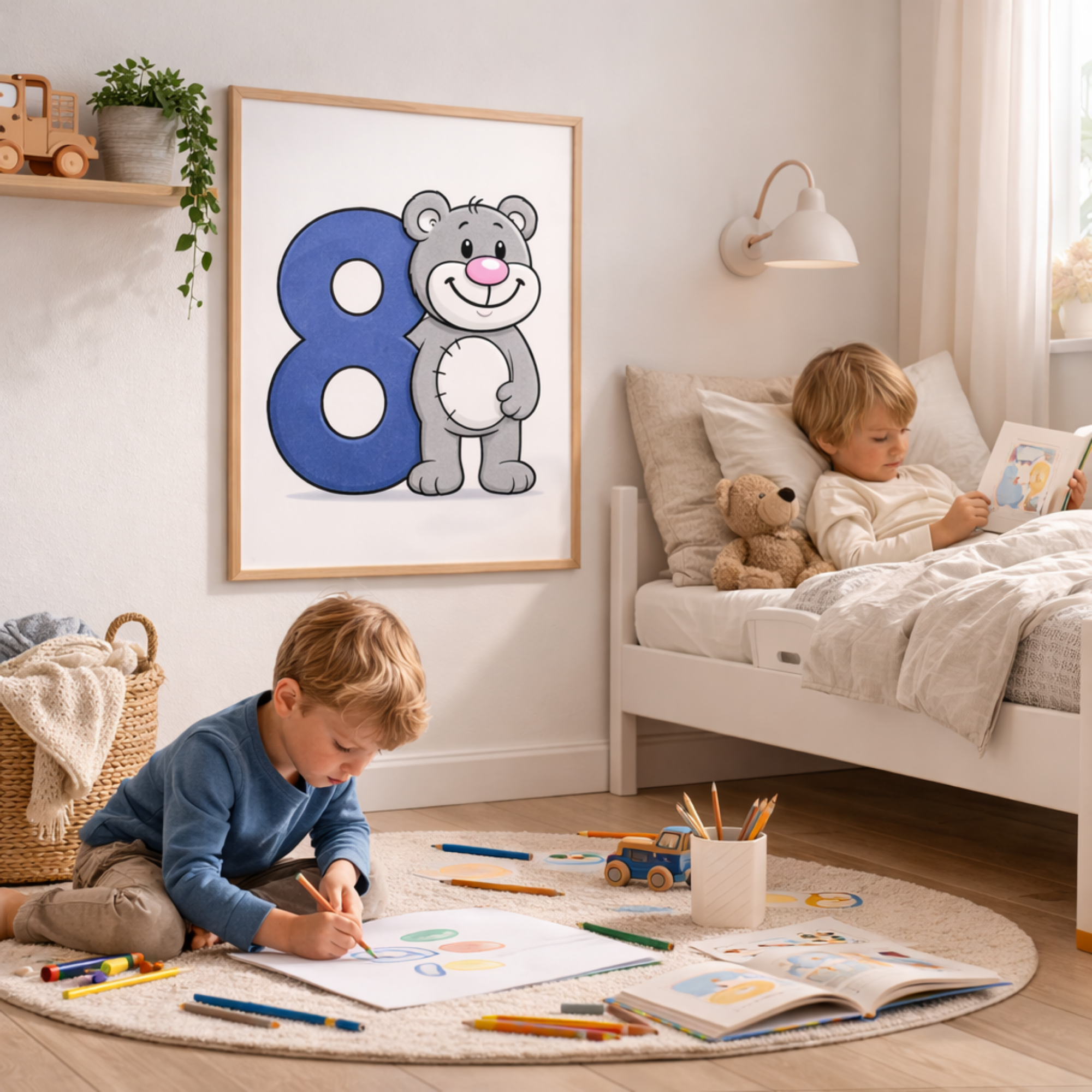 Cute number 8 poster for kids – minibear printable wall art