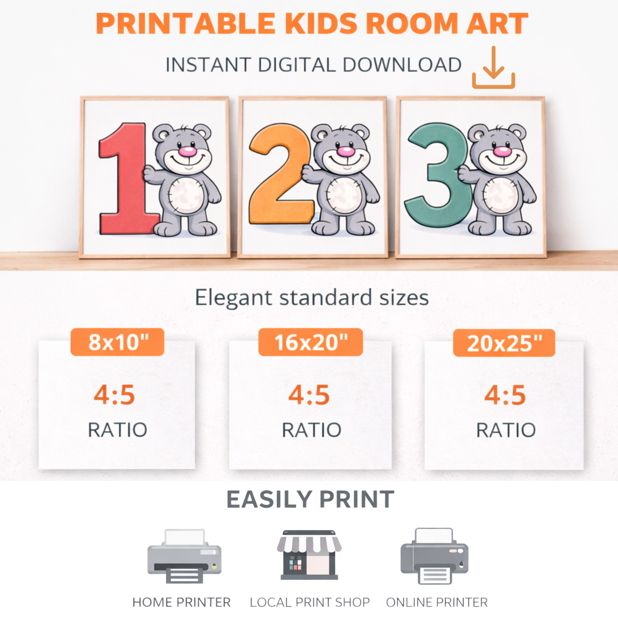 Cute number 8 poster for kids – minibear printable wall art