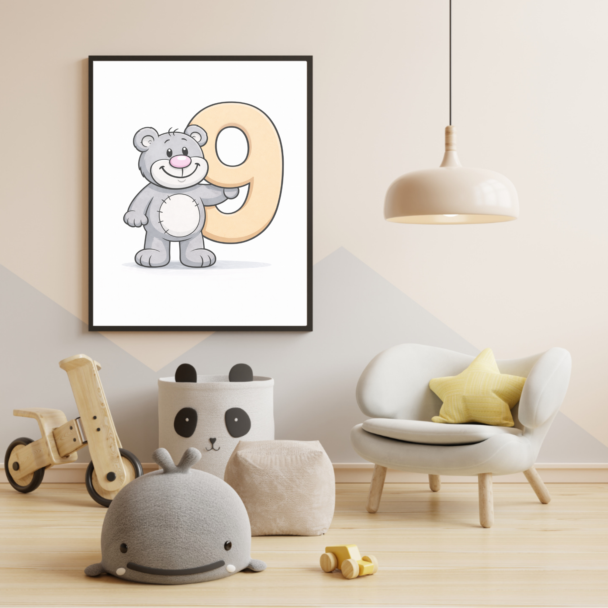 Fun number 9 poster for kids – Printable minibear learning decor