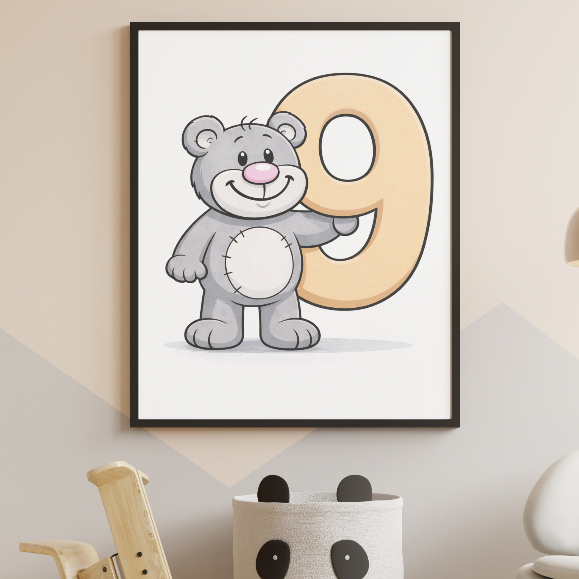 Fun number 9 poster for kids – Printable minibear learning decor