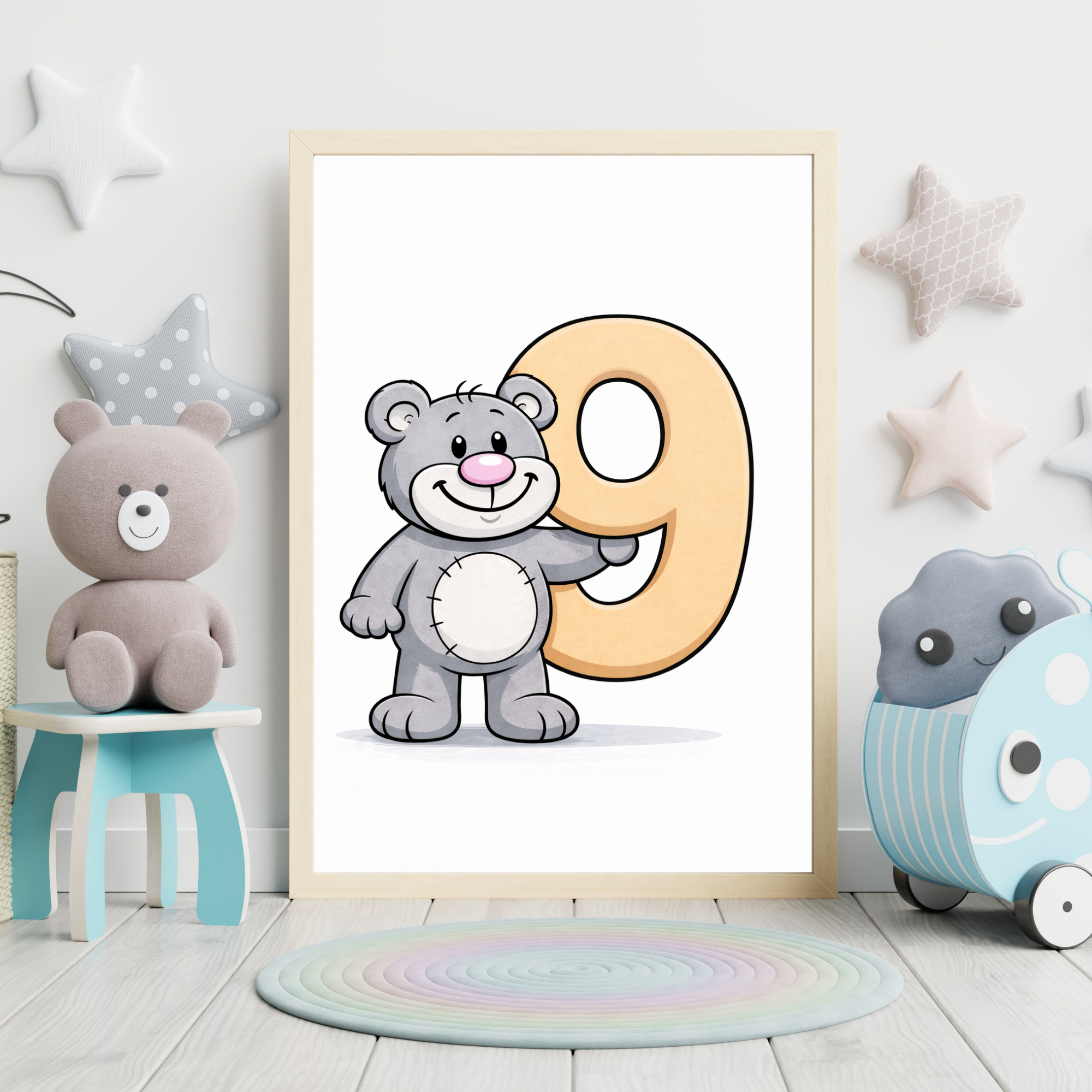 Fun number 9 poster for kids – Printable minibear learning decor