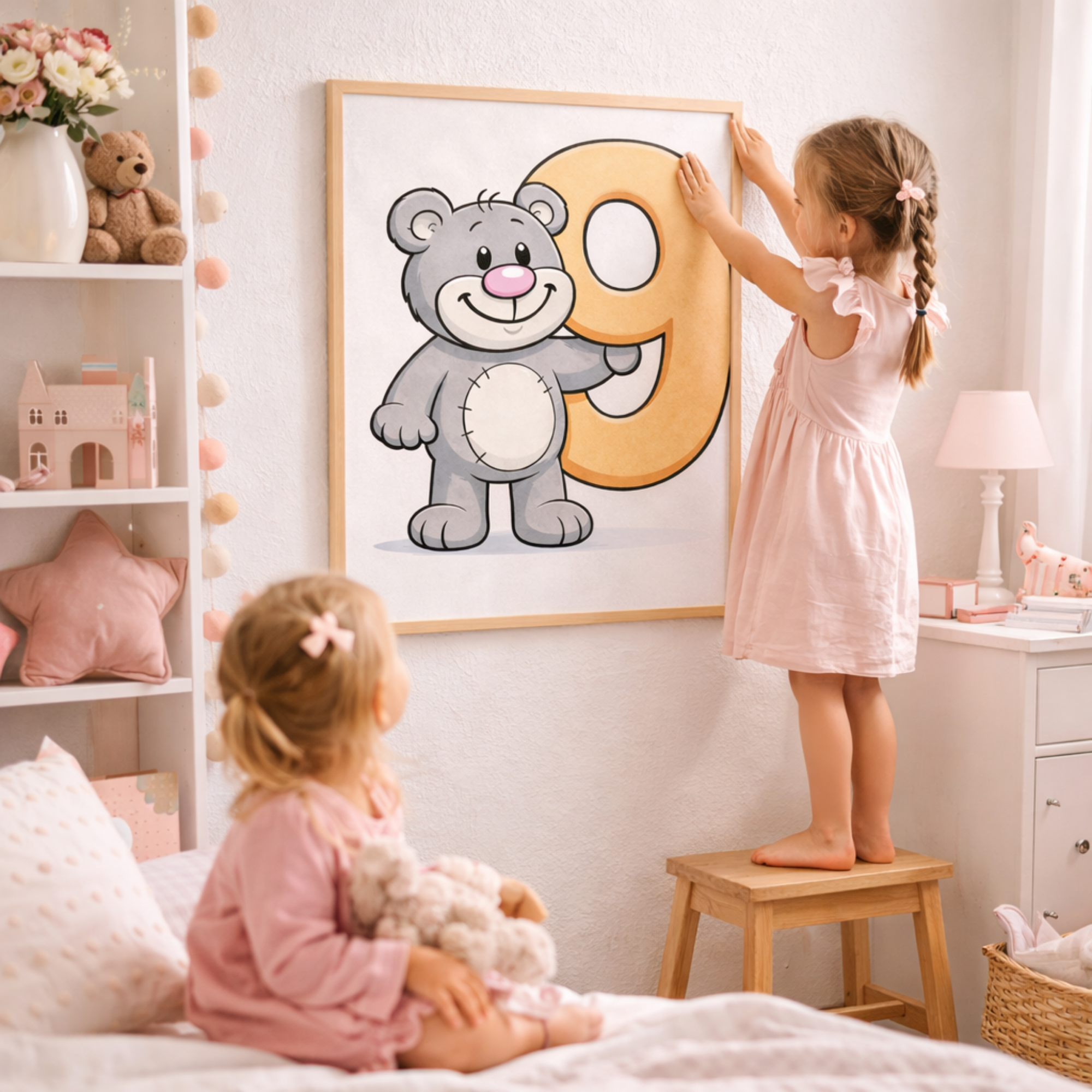 Fun number 9 poster for kids – Printable minibear learning decor