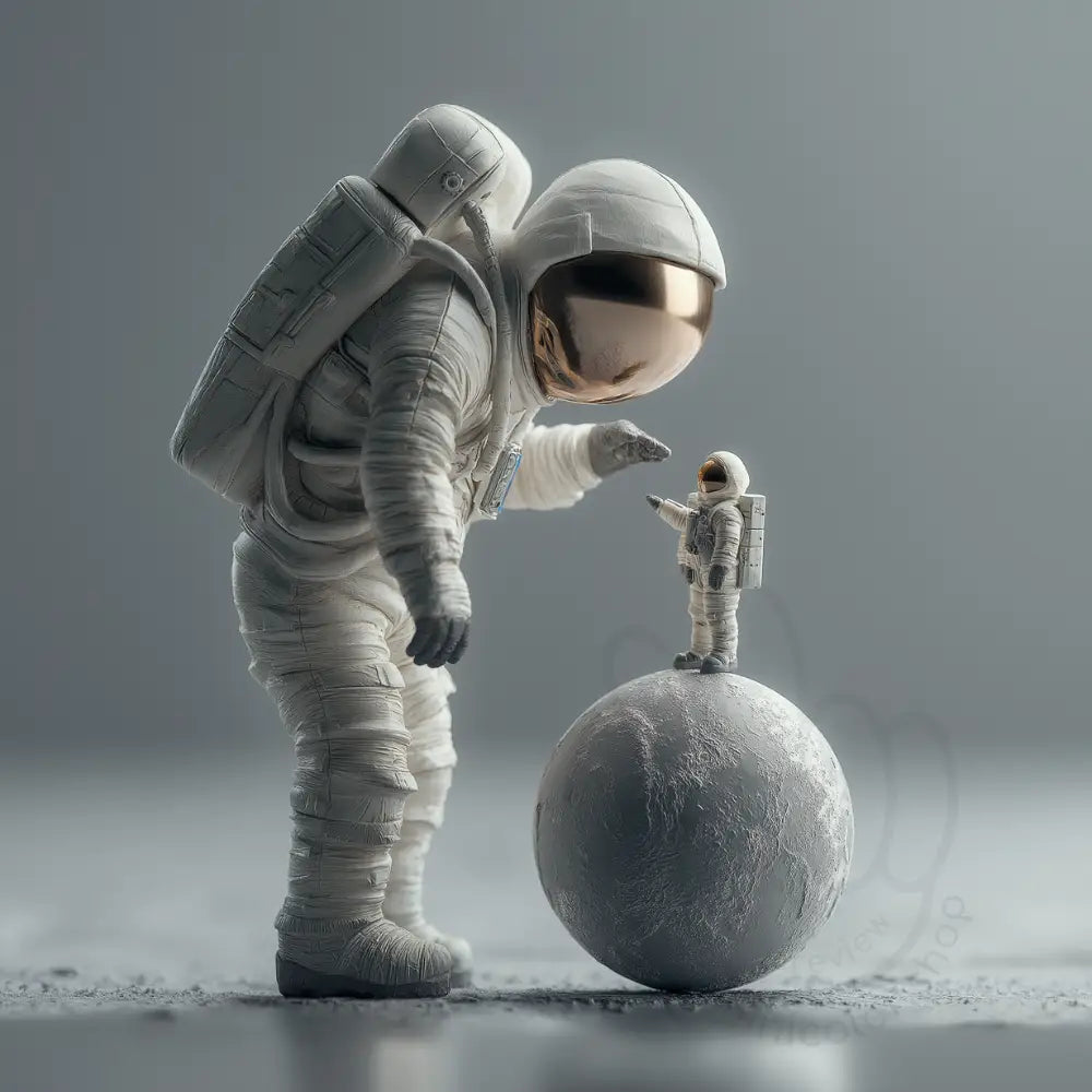 Astronaut observing small astronaut figure Printable Poster
