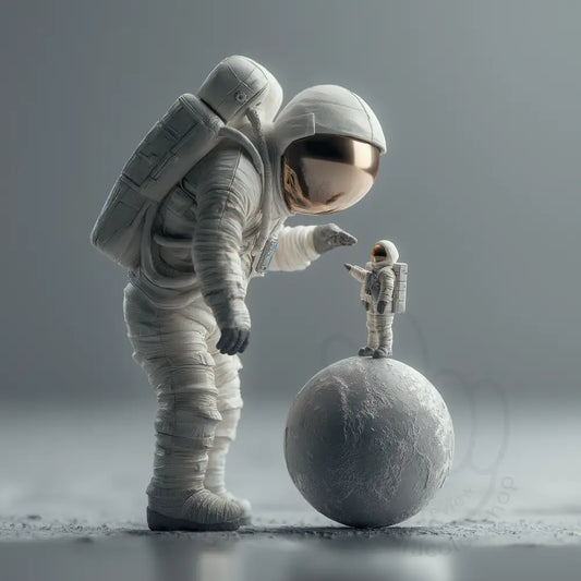 Astronaut observing small astronaut figure Printable Poster