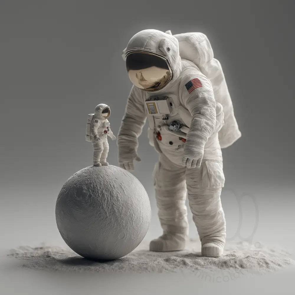 Astronaut with miniature astronaut on moon sphere Printable Poster