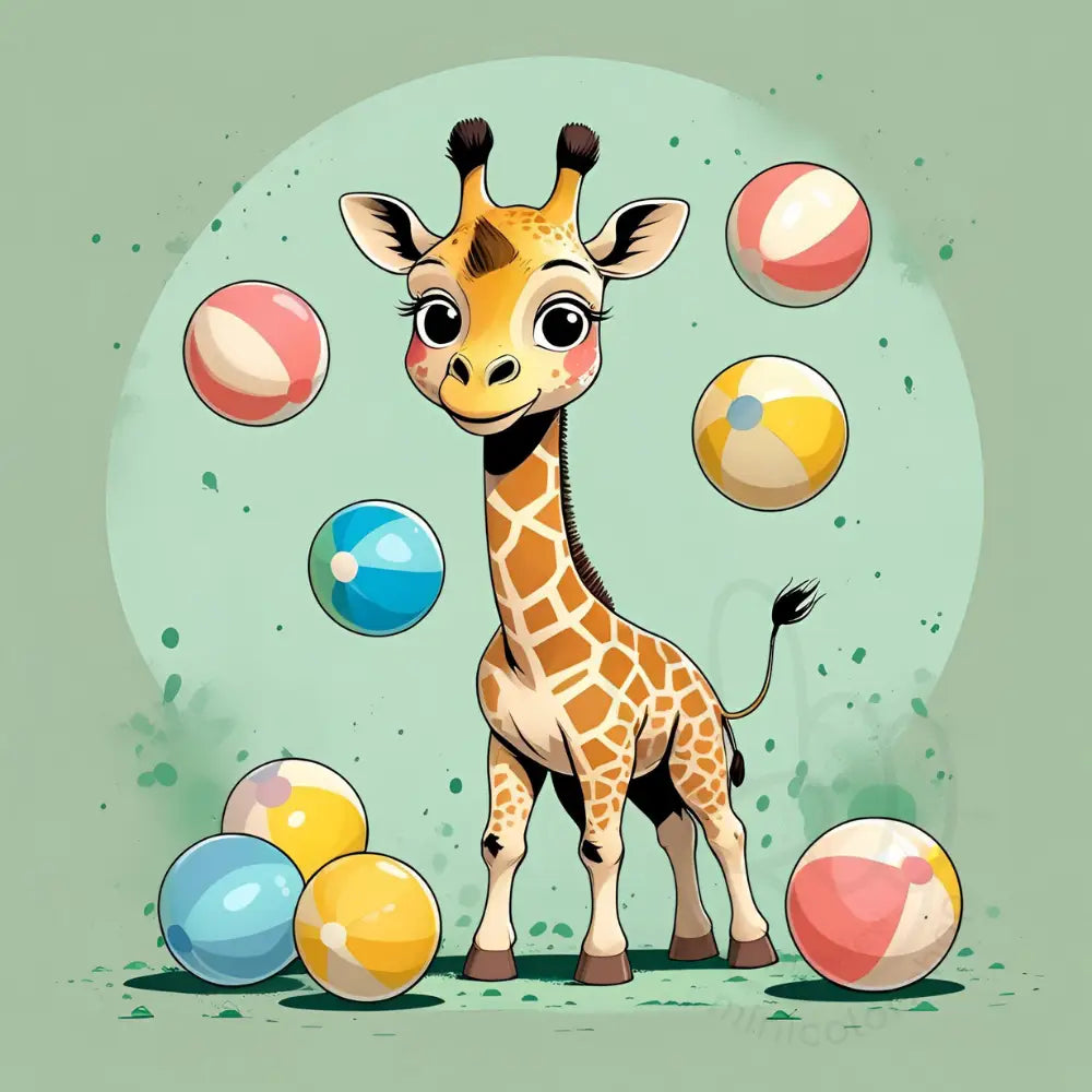 Baby giraffe with colorful balls