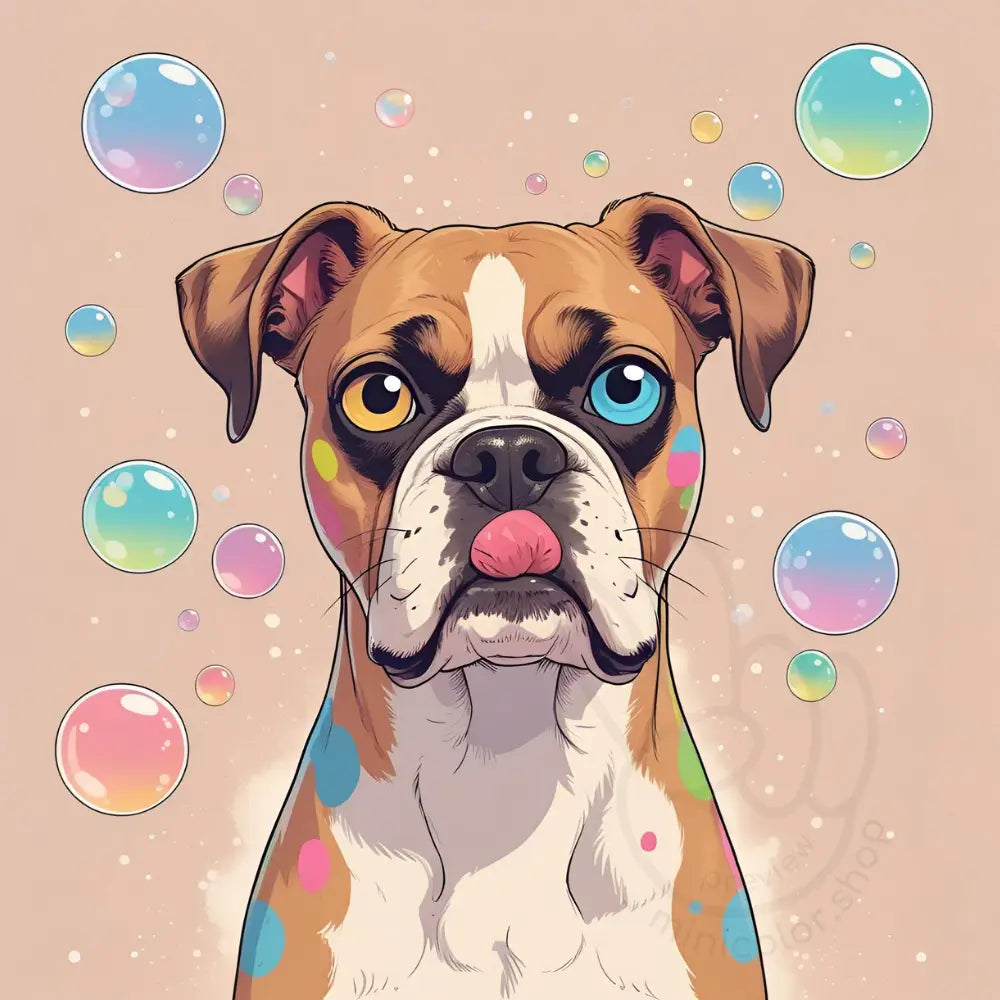 Boxer dog happy with bubbles