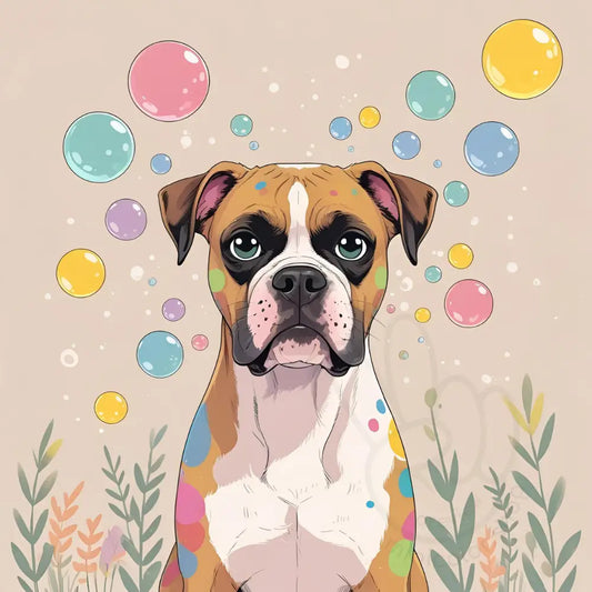 Boxer dog looking at bubbles