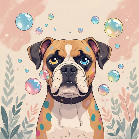 Boxer dog sitting with bubbles
