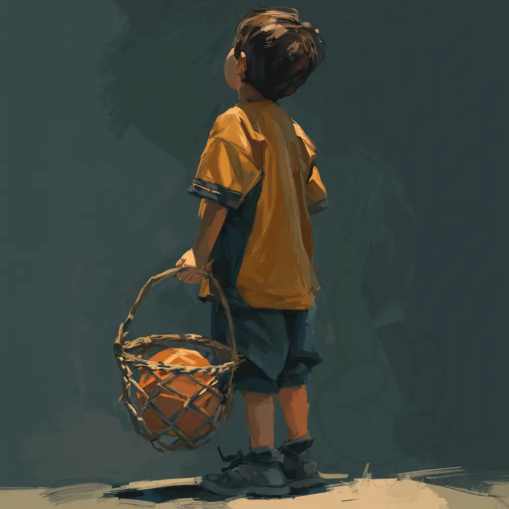 Boy carrying basket on dark background Printable Poster