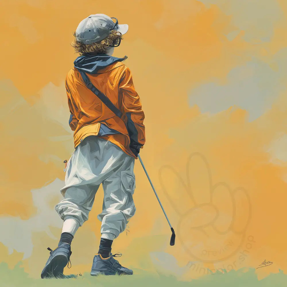 Boy golfer on orange background Printable Poster