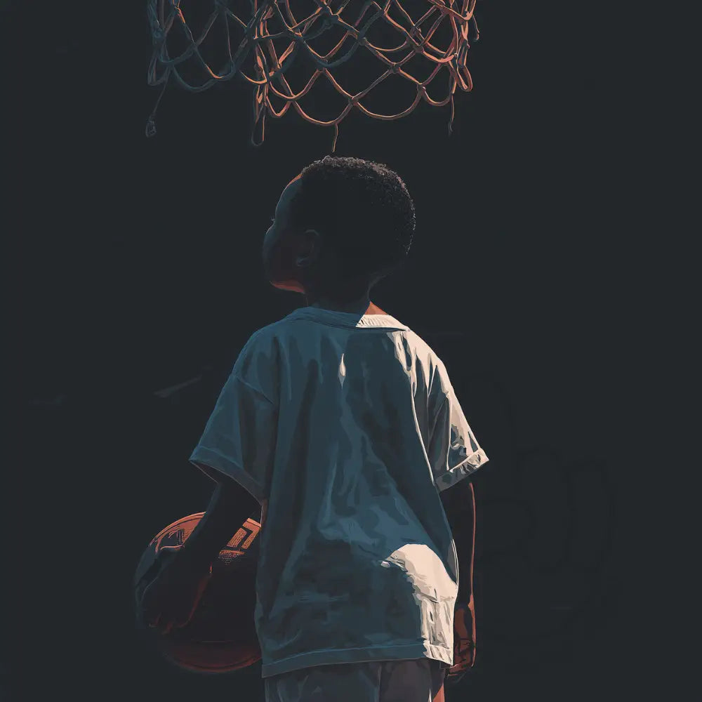 Boy holding basketball under hoop Printable Poster