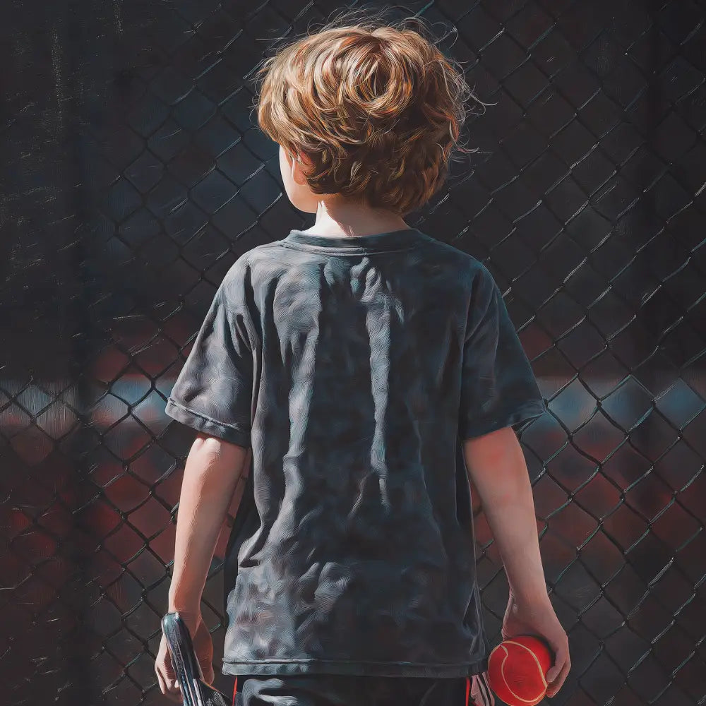 Boy holding tennis ball seen from behind Printable Poster