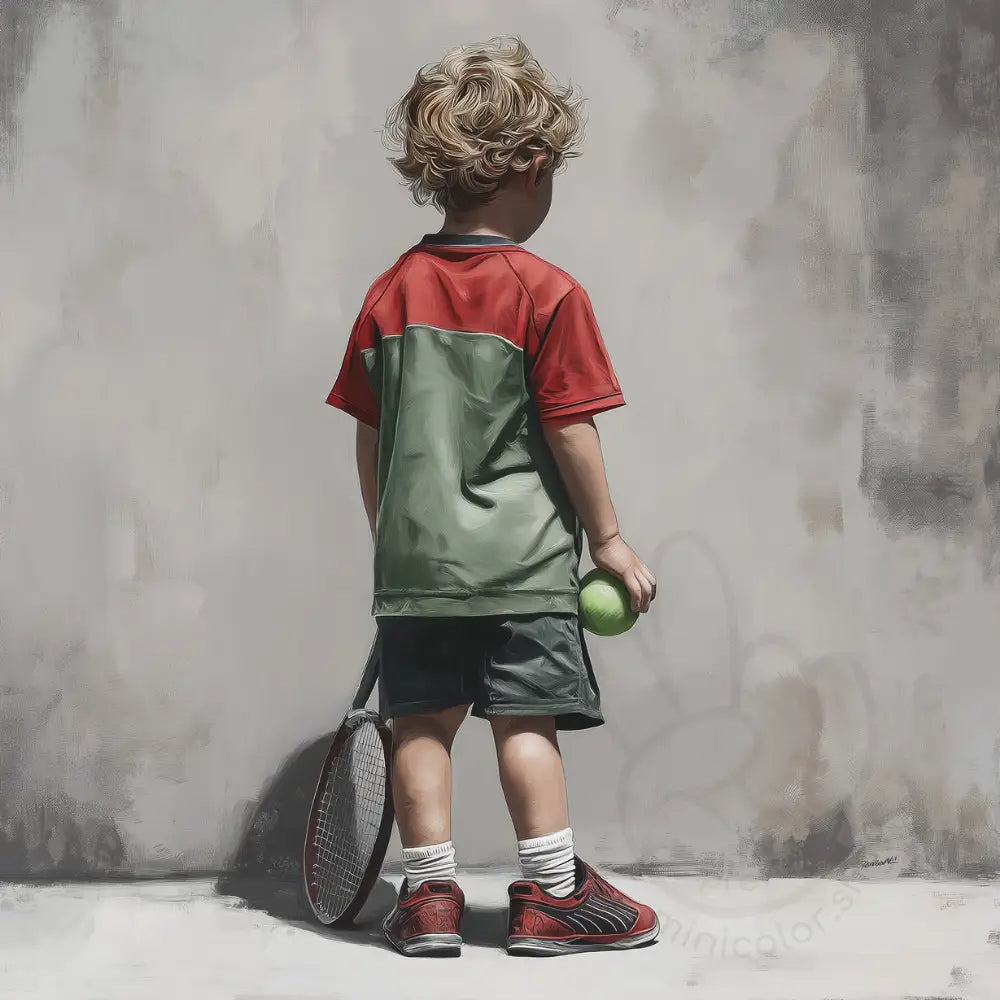 Boy holding tennis racket on grey background Printable Poster