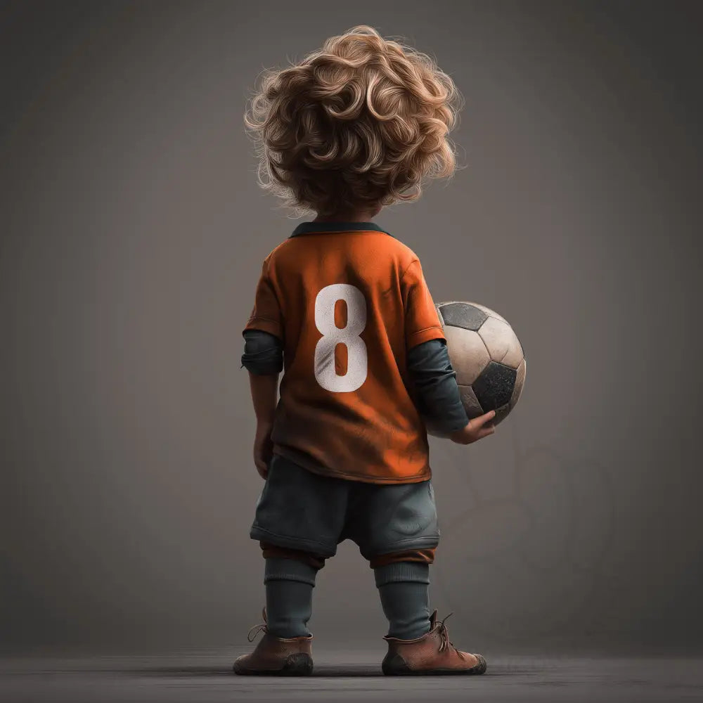 Boy in orange football shirt with number eight Printable Poster