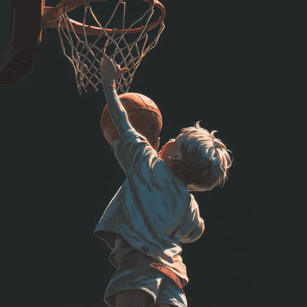 Boy shooting basketball seen from behind Printable Poster