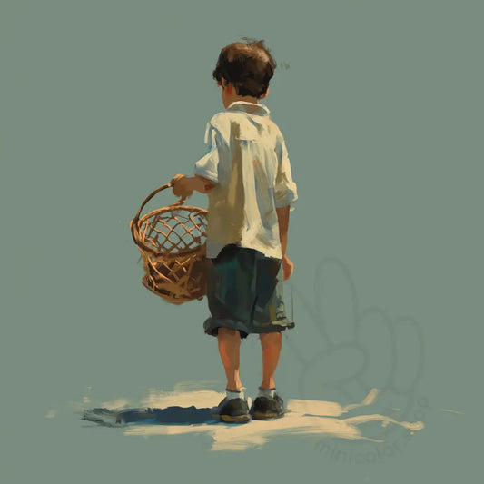 Boy with basket on light background Printable Poster