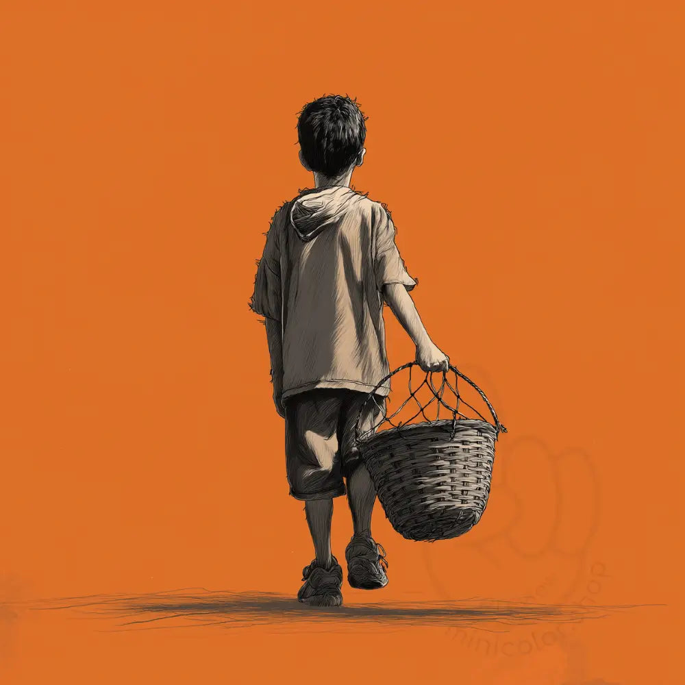 Boy with basket on orange background Printable Poster