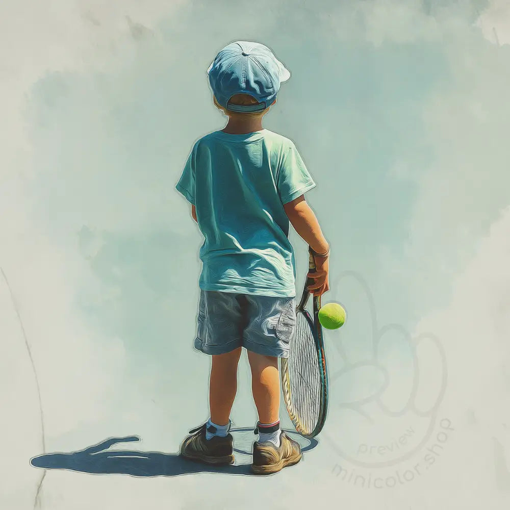 Boy with tennis racket on green background Printable Poster