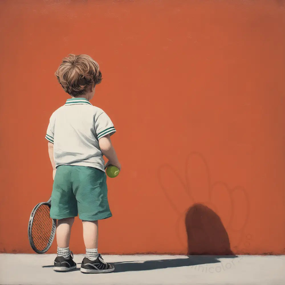 Boy with tennis racket seen from behind Printable Poster