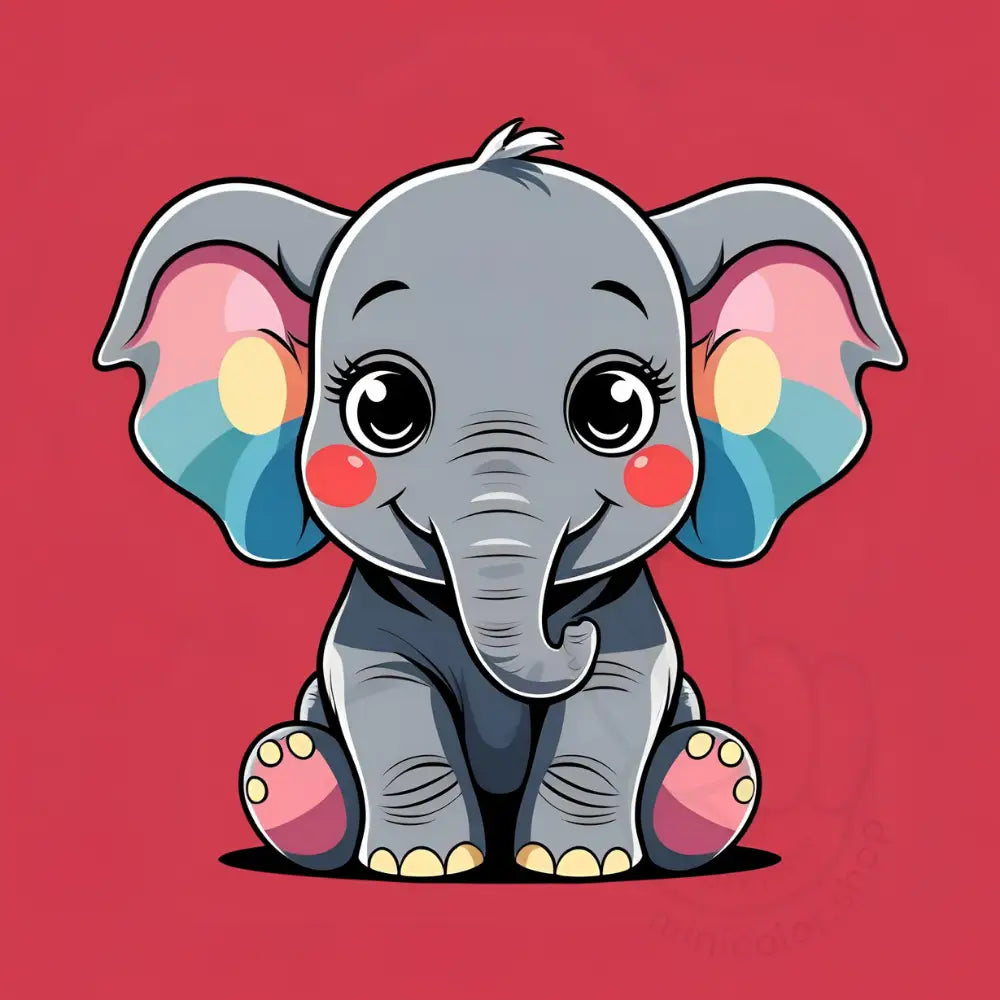 Cartoon elephant with rainbow ears on red background