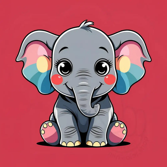 Cartoon elephant with rainbow ears on red background