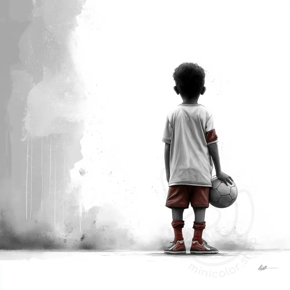 Child holding football in misty background Printable Poster