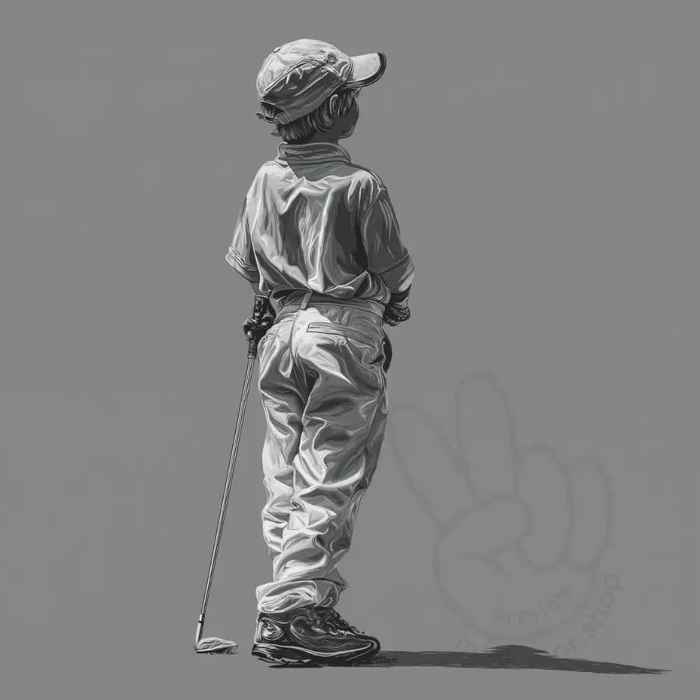 Child holding golf club black and white Printable Poster