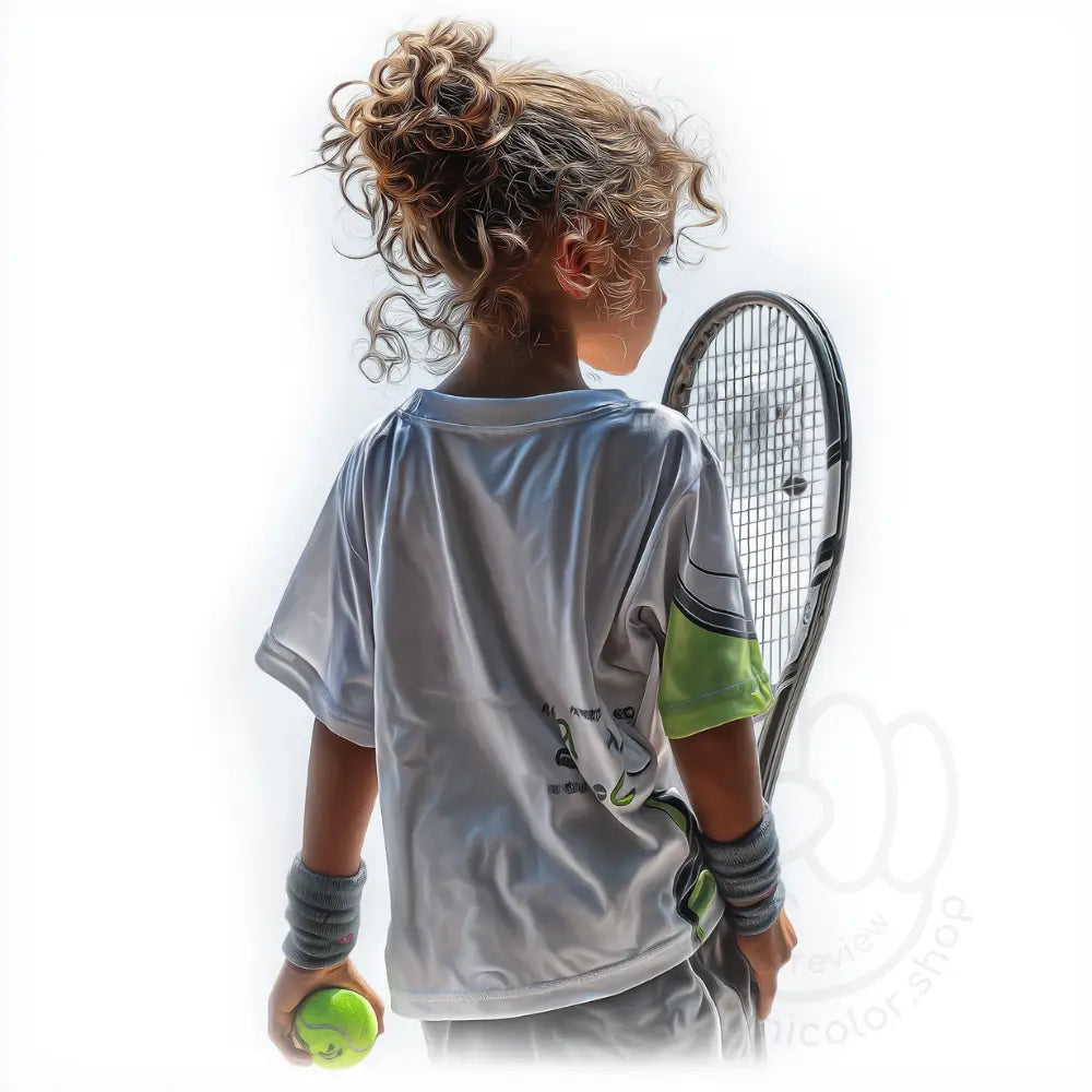 Child holding tennis racket on white background Printable Poster