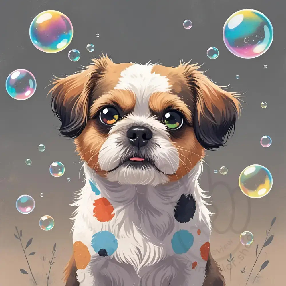 Cute dog with spotted fur and bubbles