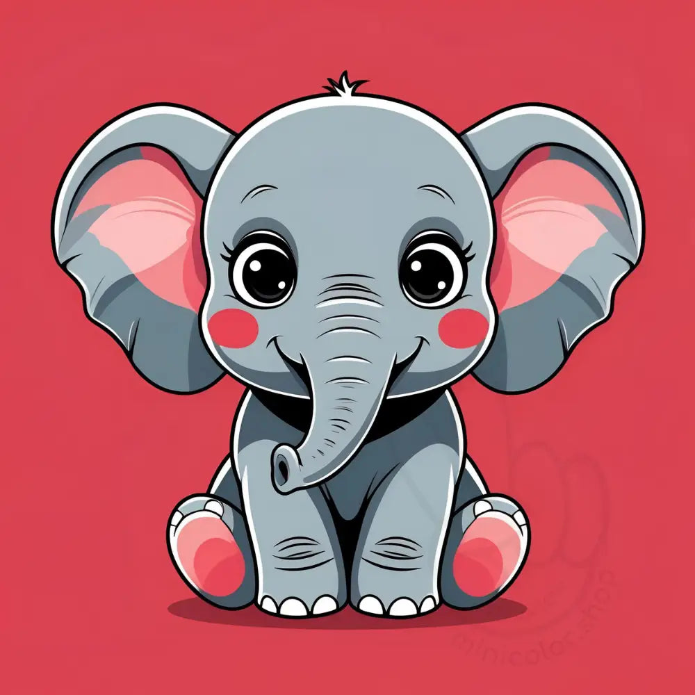 Cute elephant with pink ears on red background